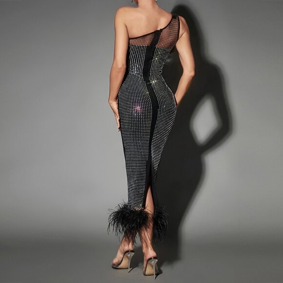 Elegant One-Shoulder Mesh Diamond Evening Dress with Feather Accents - Picture 2 of 2